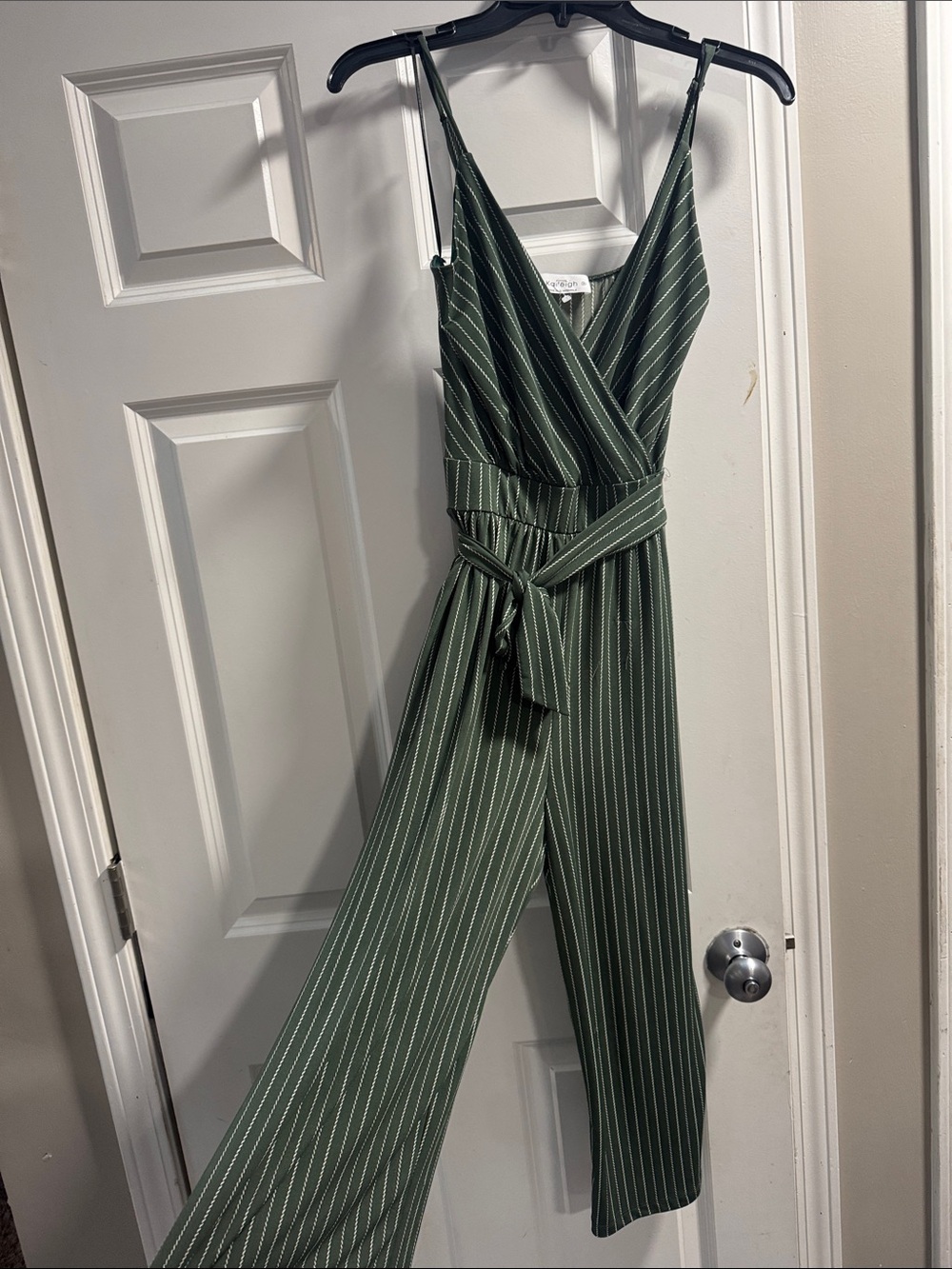 Kaileigh Olive Green Pinstripe Wrap Jumpsuit